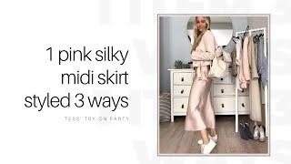 1 pink silky midi skirt styled 3 ways