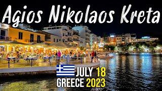 Agios Nikolaos Crete, tranquil night walk in 4k, Kreta, Greece 2023