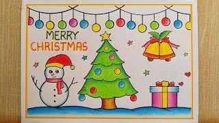 Merry Christmas drawing easy| Santa Claus drawing| Christmas Tree drawing| Merry Christmas poster