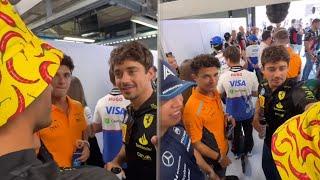 Charles Leclerc & Lando Norris make fun of Carlos Sainz bucket hat | Driver's Parade BTS