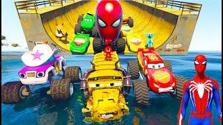 GTA V SPIDER-MAN 2, Jump Test Challenge Monster McQueen Truck, Mack Truck, Fire Truck Stunt Racing