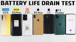 V23 vs X3 Pro vs Mi 11T vs XS Max vs 11 vs 11 Pro Max Battery Life DRAIN TEST!