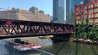 Chicago - L Train over the Chicago River & Tour Boat Passing By