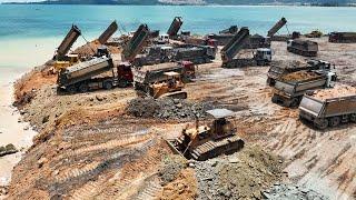 Huge Beach Landfilling Experience Bulldozer Moving Stone Into The Sea On Land Development Area