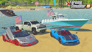 4TH OF JULY BOATING AND SUPERCAR RACING! | (ROLEPLAY) FARMING SIMULATOR 2019