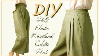 DIY Half Elastic Waistband Linen Culotte Pants | How To Make Back Elastic Waistband Culotte Trousers