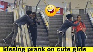 kissing prank  on cute girls best reaction in Escalator prank prankstar vinod