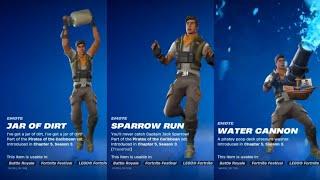 FORTNITE NEW EMOTES ! ( SPARROW RUN, DISASSEMBLE, CLAMMY JAMMER, JAR OF DIRT, WATER CANNON )