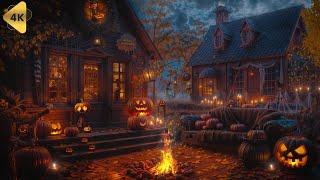 Autumn Village Halloween Ambience Crackling Fire & Night Nature Sounds, Crunchy Leaves, White Noise