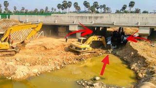 Techniques through great obstacles under the bridges of the team excavator. By a professional driver