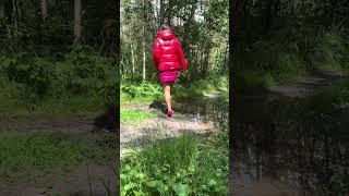 Beautiful girl #wetlook  in #shinynylon #rainwear  #pufferjacket and #highheelshoes in wilderness