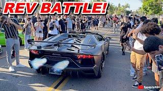 CRAZY REV BATTLE! Lamborghini Aventador SVJ vs Ultimae vs S Redline V12 Shooting Huge Flames