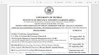 IDOL Online Admission 2021-22 | FYBCOM | FYBA | MCOM | MA | IDOL Mumbai University Admission 2021