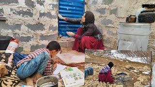 A widowed nomadic woman tries to keep her children warm and not without food ona cold, snow winte