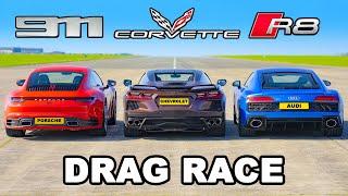 Audi R8 v Chevy Corvette v Porsche 911: DRAG RACE