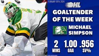 Knights' Michael Simpson named OHL Goaltender of the Week