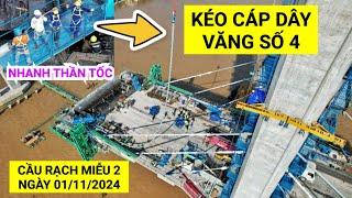 Nhanh thần tốc! Trụ tháp P19 Cầu Rạch Miễu 2 tiến hành kéo cáp dây văng số 04 | KU ĐẤT TV