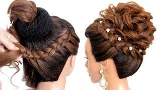 Bridal hairstyle for long hair. High bun.