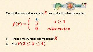 Median, Mode and Mean of a Continuous Random Variable