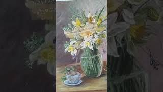 Натюрморт с нарциссами. Картина на холсте. #картинанахолсте #flowers #painting #art #художник