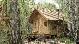 heavy rain wanted to destroy my log cabin in the wild, handmade woodwork