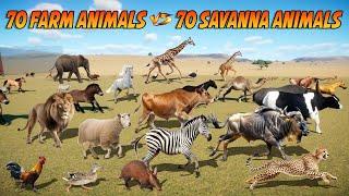 70 Farm Animals VS 70 Savanna Animals Race in Planet Zoo included Elephant, Lion, Cow, Sheep, Horse