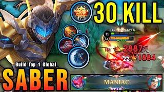 30 Kills + MANIAC!! Saber High Critical Damage (ONE HIT DELETE) - Build Top 1 Global Saber ~ MLBB