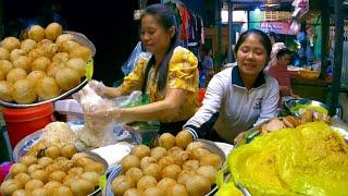 Cambodian street food | Yummy Yellow pancake, noodles, fried cake in Phnom Penh Market 2024