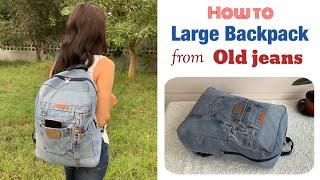 how to sew a large backpack tutorial from old jeans.sewing a large backpack turorial from old jeans.