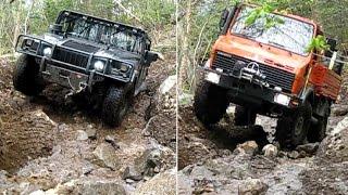 UNIMOG vs HUMMER Extreme OFFROAD testing the same STEEPY, MUDDY with BIG ROCKS HILL