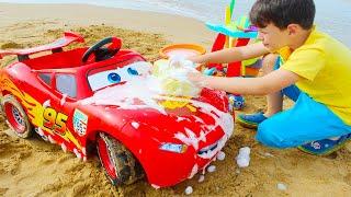 Ali ride on toy car and playing car wash with cleaning toys