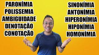 SINONÍMIA, ANTONÍMIA, HIPERONÍMIA, HIPONÍMIA, HOMONÍMIA, PARONÍMIA, POLISSEMIA, AMBIGUIDADE