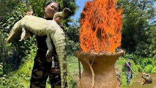 The girl's daring crocodile hunt in the rainforest. Grilling crocodile on an earthen stove.