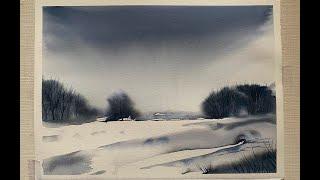 Simple beginners winter Snowy Landscape painting tutorial, loose watercolor winter snow scene