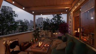 Cozy Balcony Ambience On A Calm, Rainy Spring Day | Rain, Crackling Fire, Cricket Sounds