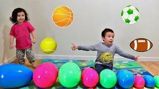 Learn Different Ball with Indoor Playtime Easter Egg Hunt - Toddlers Playing with Sport Toy Pillows