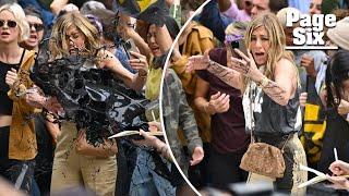 Jennifer Aniston doused in fake oil while filming ‘The Morning Show’