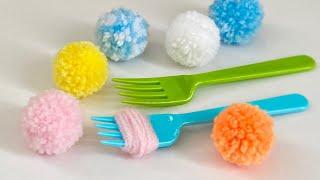 【毛糸】フォークでポンポンの作り方／[Yarn] Easy Making Pompoms with Fork