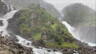 Two scenic waterfalls in rain | Låtefossen in Norway | Relaxing Sound of water.