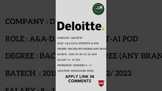 Deloitte Hiring Freshers 2023 | For A&A-Data Scientist-AI Pod #deloitte | latest job updates | jobs