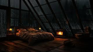 Heavy Rain Forest on Windows of Cozy Attic Bedroom at Night w/ Fireplace - Rain Sounds for Sleeping