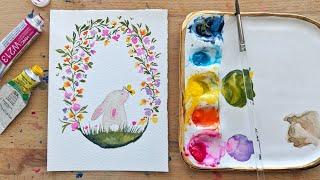 EASY beginner watercolor painting tutorial of Bunny with wildflowers