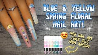 TRYING NEW PASTEL LINER GELS FROM KREDIOO | BLUE & YELLOW FLOWER NAIL ART!