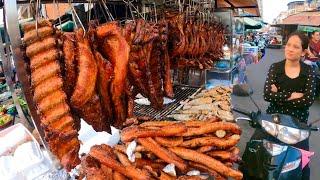 Popular Phnom Penh Street Food, Cambodia - Roast Duck, Pork Ribs & Pigs intestine