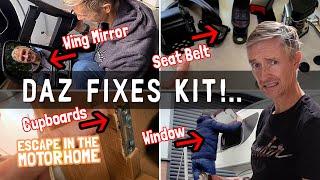 MOTORHOME REPAIR TIME!  - FIXING the MIRROR, the WINDOW, the BELT and the CATCH!