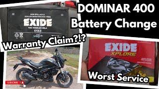 DOMINAR 400 BATTERY CHANGE | WORST SERVICE FROM BAJAJ | WARRANTY CLAIM PROCEDURE | EXIDE BATTERIES