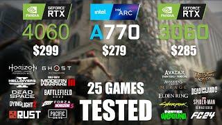 RTX 4060 8GB vs ARC A770 16GB vs RTX 3060 12GB | R9 - 7950X3D | 1080p - 25 Games Tested