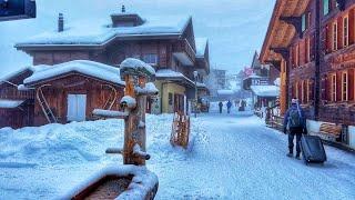 Snowfall in Switzerland countryside - Relaxing snowy walk in most beautiful Swiss villages