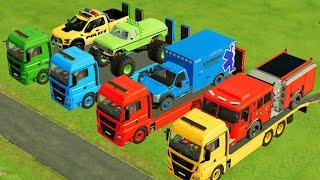 LOADING AMBULANCE, POLICE CARS, TRUCKS, FIRE DEPARTMENT WITH TOW TRUCKS! - FS22