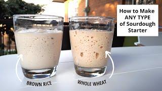 Make ANY TYPE of sourdough starter with one easy process (brown rice & whole wheat demonstration).